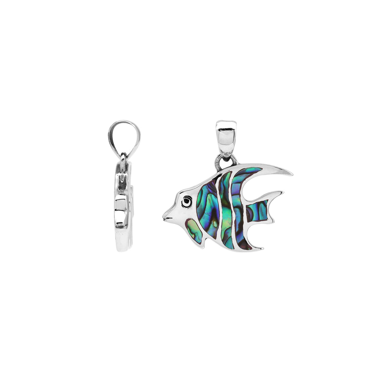 Handcrafted sterling silver fish pendant with abalone shell inlay and Bali carvings – retail jewelry