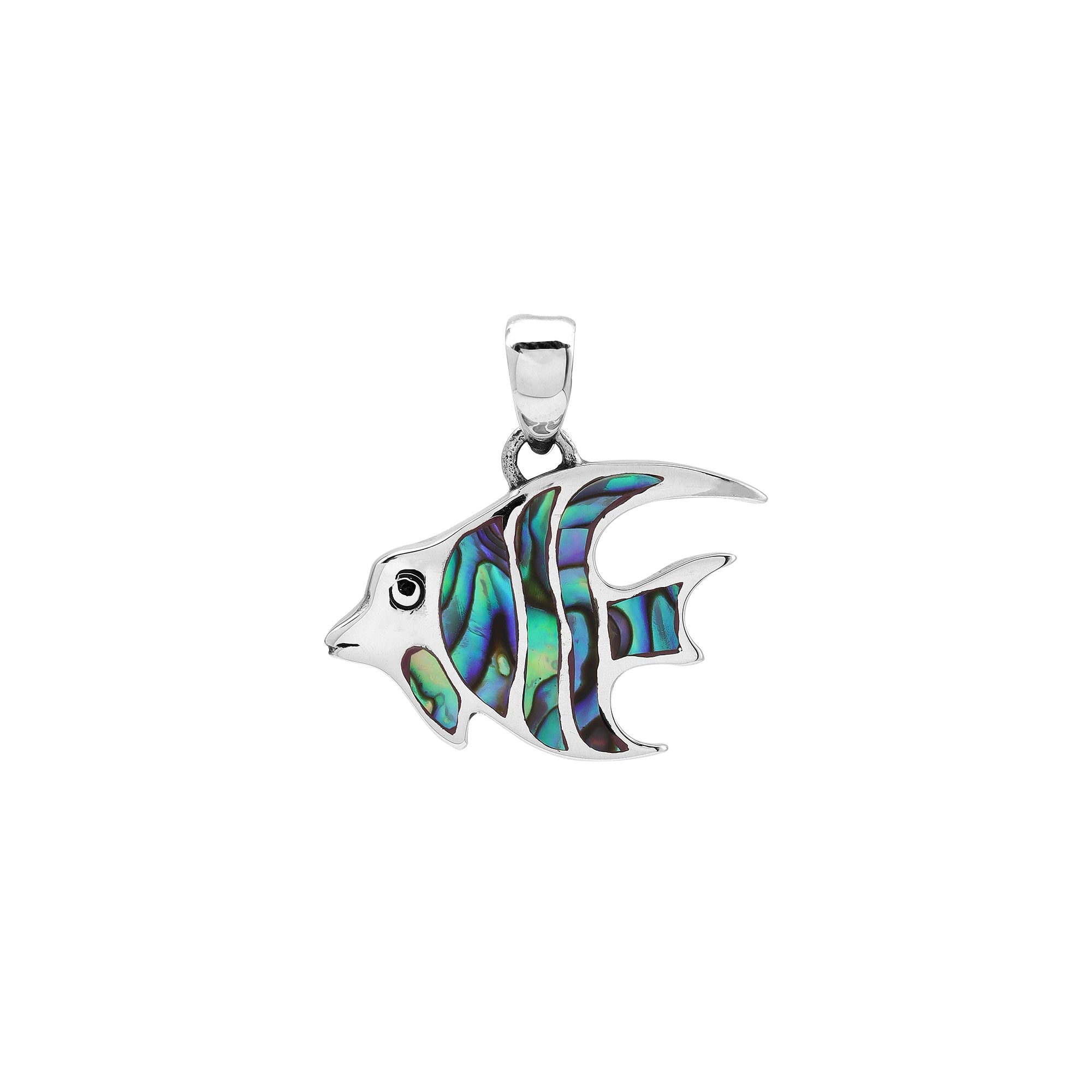 Handcrafted sterling silver fish pendant with abalone shell inlay and Bali carvings – retail jewelry