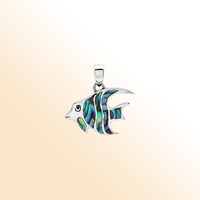 Handcrafted sterling silver fish pendant with abalone shell inlay and Bali carvings – retail jewelry