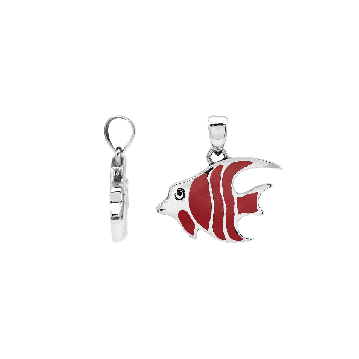 Handcrafted sterling silver fish pendant with red shell inlay and Bali carvings – retail jewelry