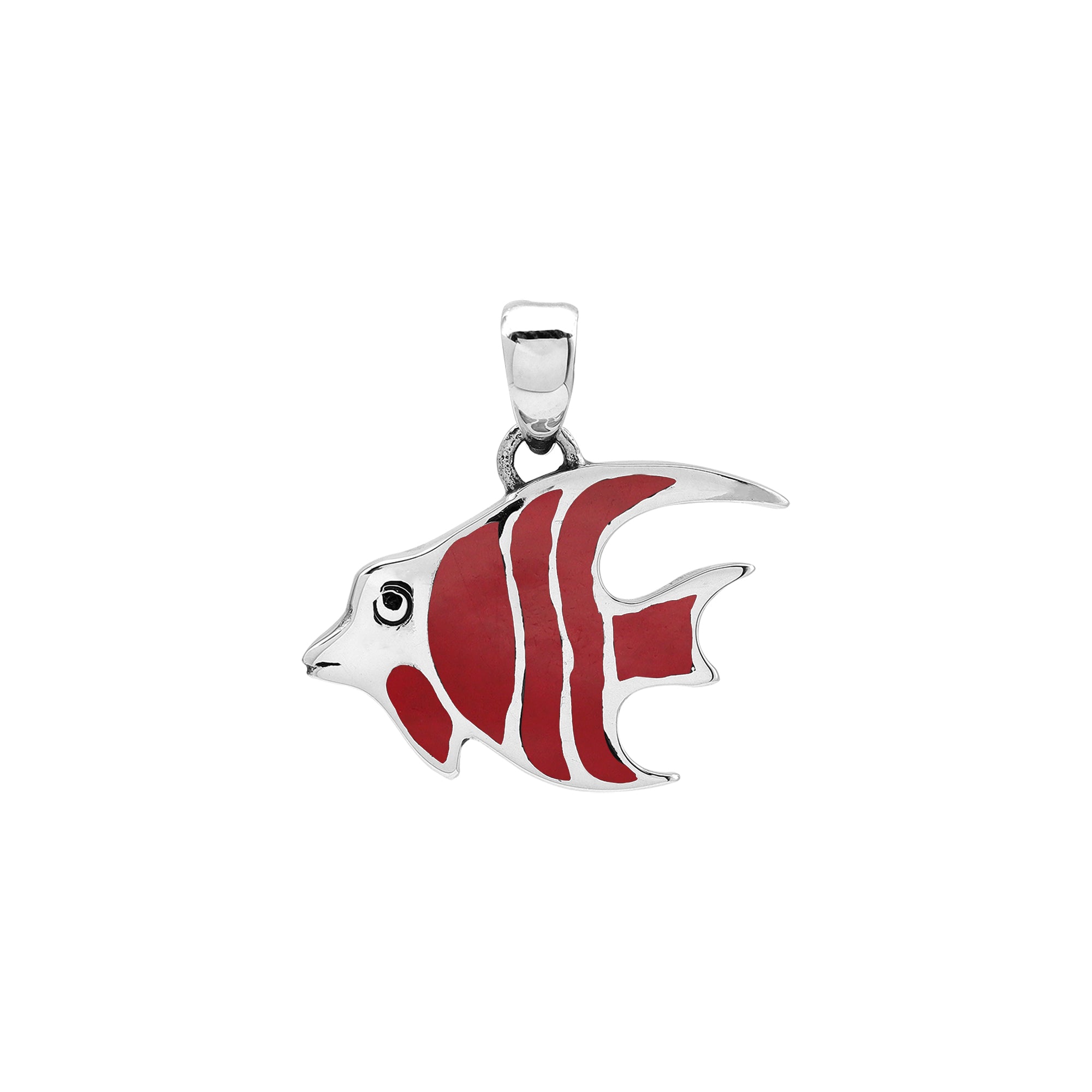 Handcrafted sterling silver fish pendant with red shell inlay and Bali carvings – retail jewelry