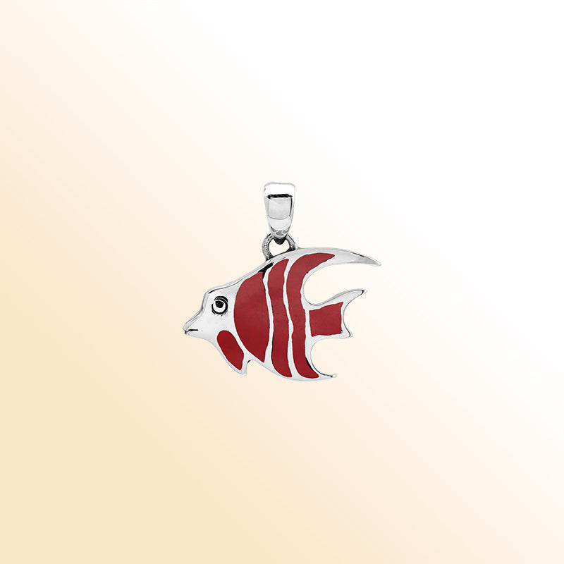 Handcrafted sterling silver fish pendant with red coral inlay and Bali carvings – retail jewelry