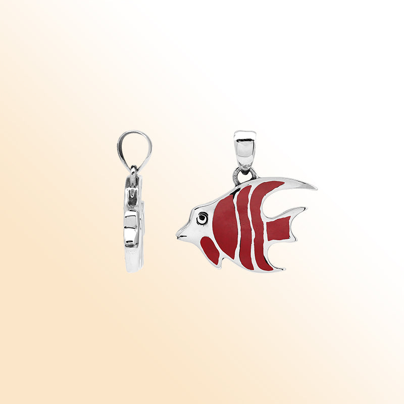 Handcrafted sterling silver fish pendant with red coral inlay and Bali carvings – retail jewelry