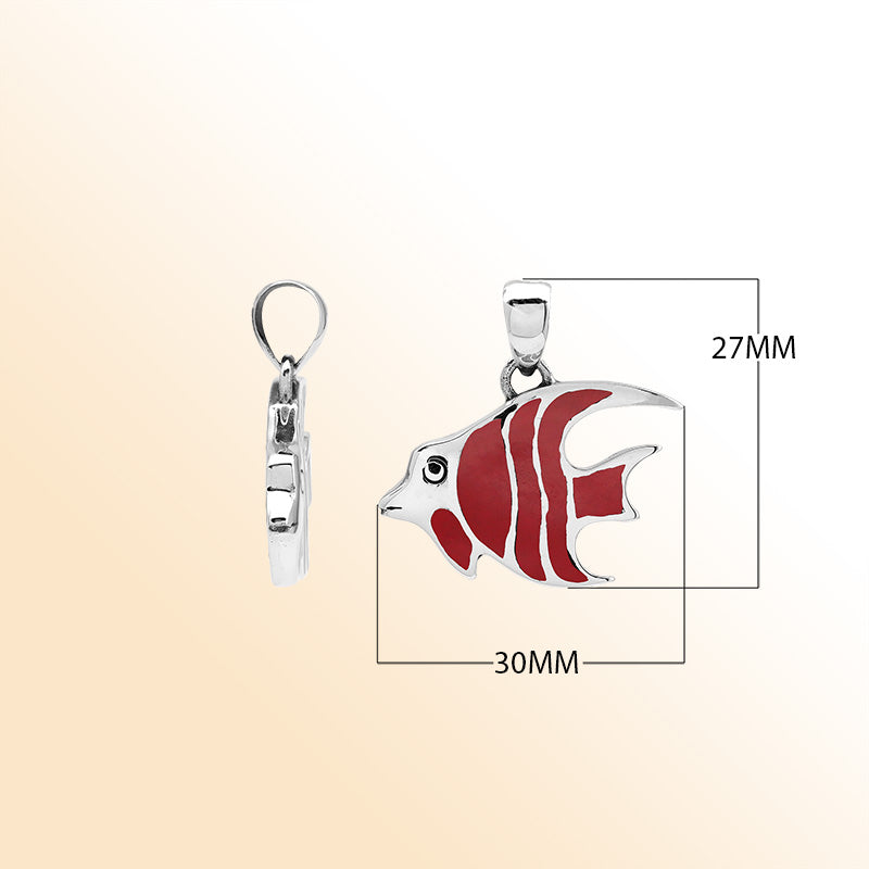 Handcrafted sterling silver fish pendant with red coral inlay and Bali carvings – retail jewelry
