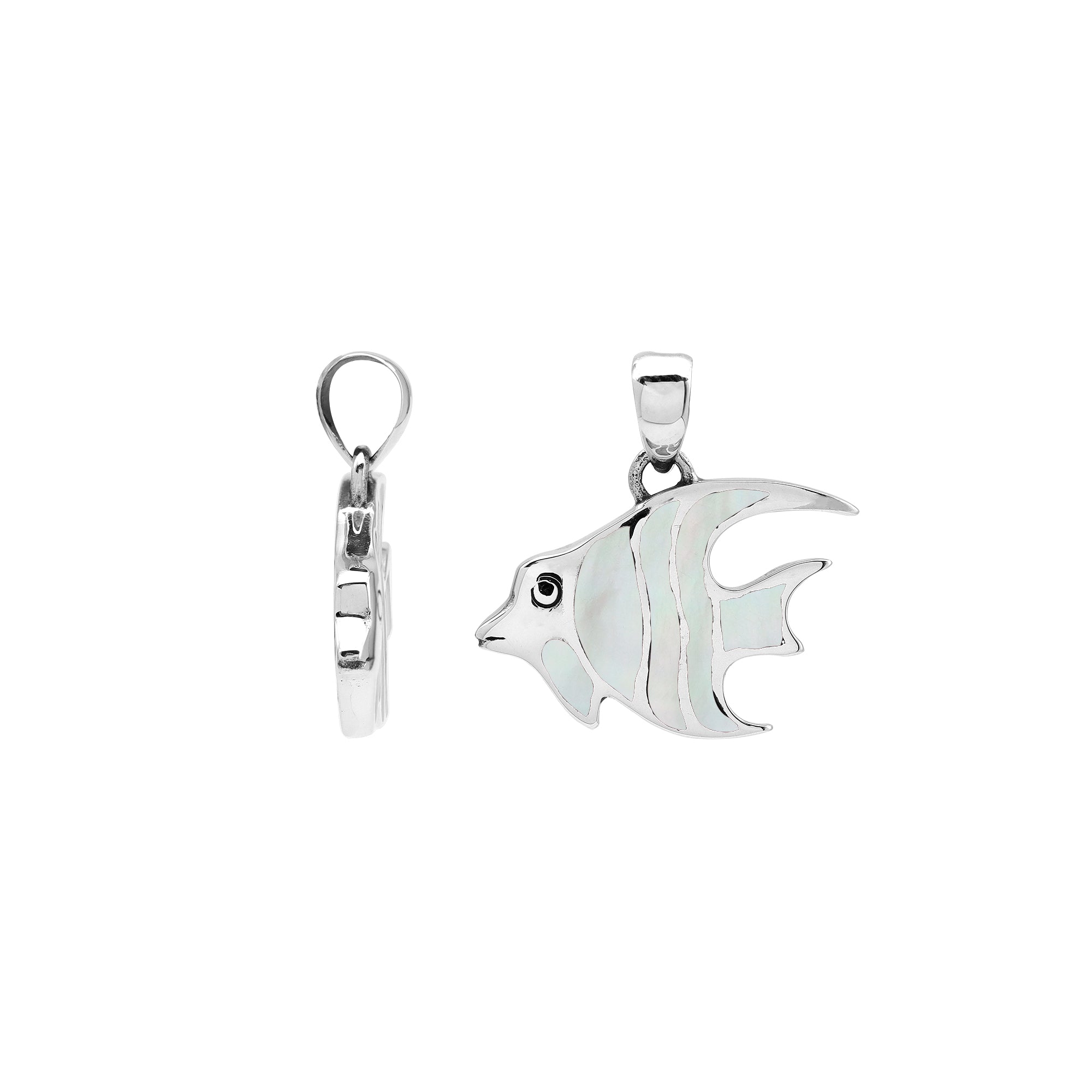 Handcrafted sterling silver fish pendant with white Mother of Pearl inlay and Bali carvings – retail jewelry
