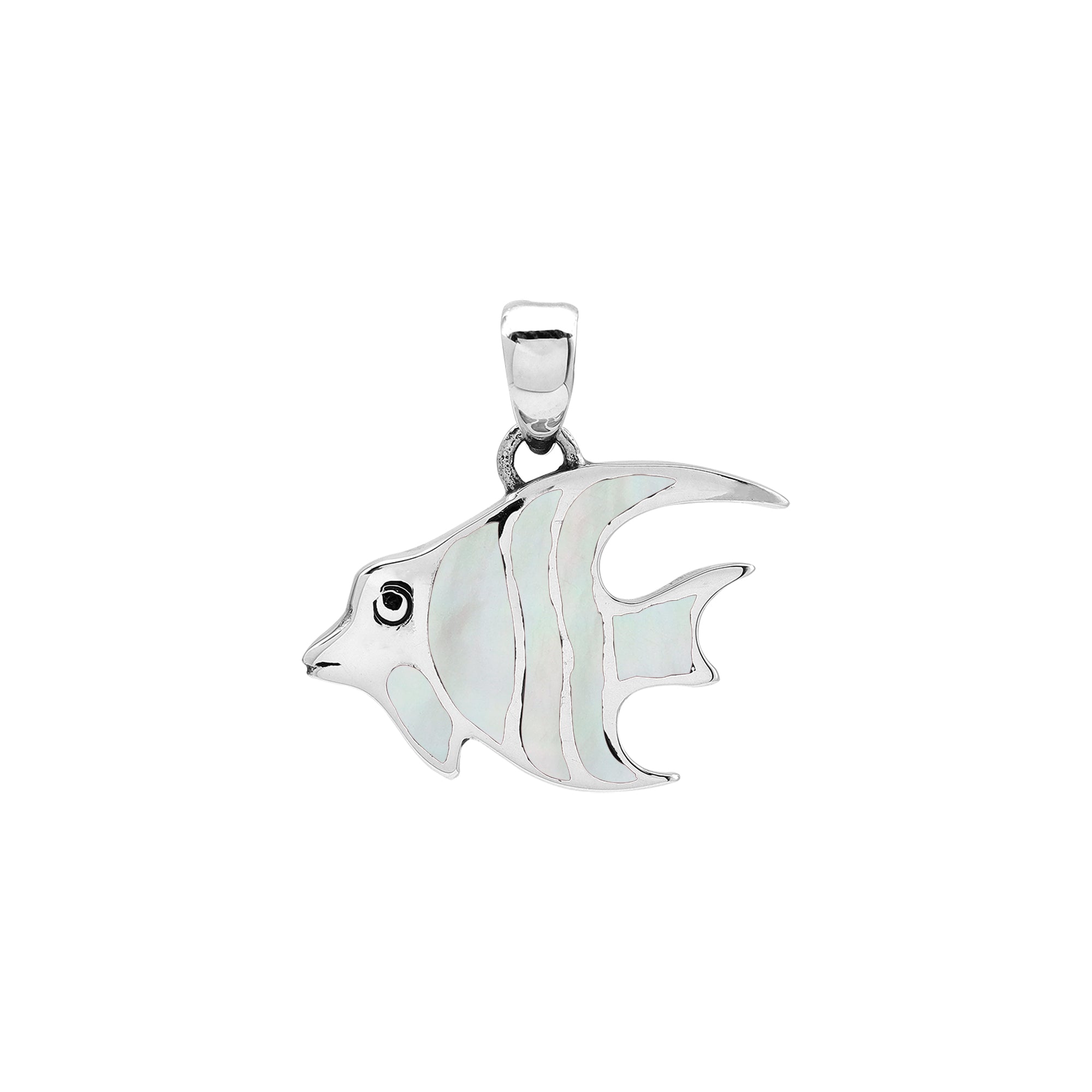 Handcrafted sterling silver fish pendant with white Mother of Pearl inlay and Bali carvings – retail jewelry