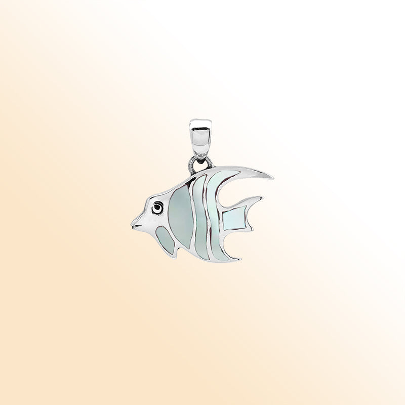 Handcrafted sterling silver fish pendant with white Mother of Pearl inlay and Bali carvings – retail jewelry