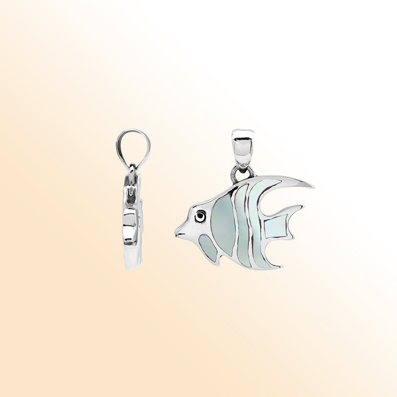 Handcrafted sterling silver fish pendant with white Mother of Pearl inlay and Bali carvings – retail jewelry