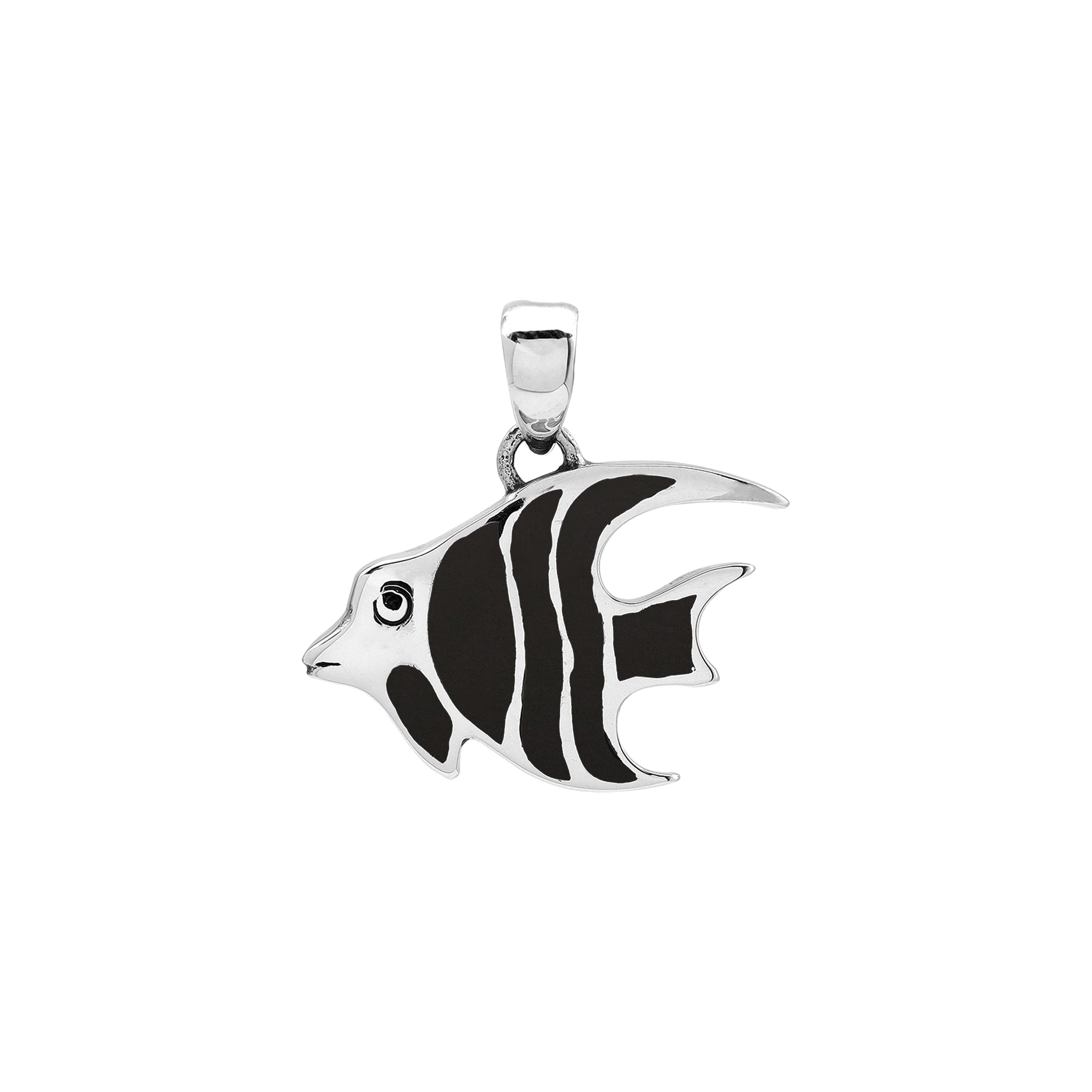 Handcrafted sterling silver fish pendant with Black Shell inlay and Balinese carvings – retail jewelry