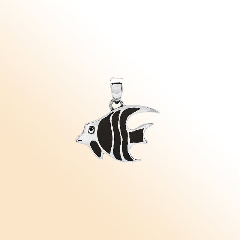 Handcrafted sterling silver fish pendant with Black Shell inlay and Balinese carvings – retail jewelry