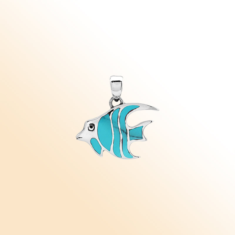 Handcrafted sterling silver fish pendant with Turquoise Shell inlay and Balinese carvings – retail jewelry