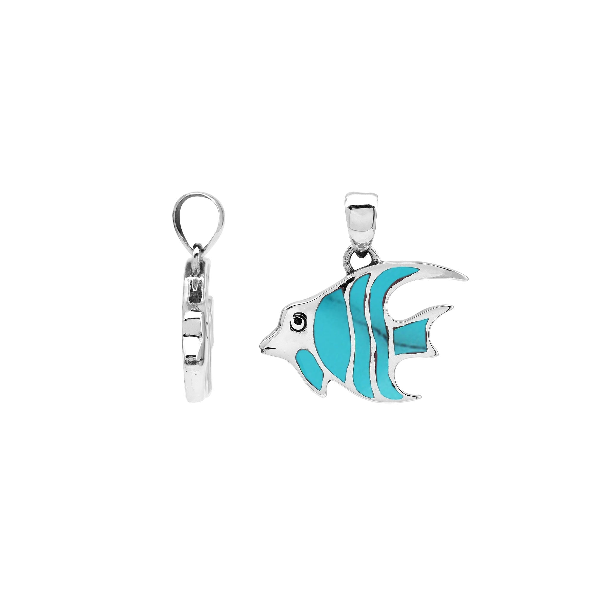 Handcrafted sterling silver fish pendant with Turquoise Shell inlay and Balinese carvings – retail jewelry