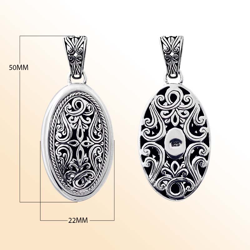Handcrafted sterling silver oval pendant with Bali carving design, artisan necklace.