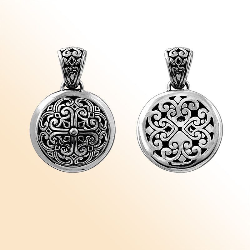 Handcrafted sterling silver round pendant with scrollwork design, Bali-inspired necklace.