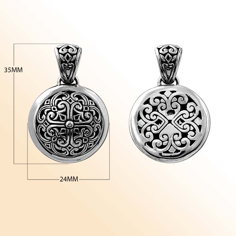 Handcrafted sterling silver round pendant with scrollwork design, Bali-inspired necklace.