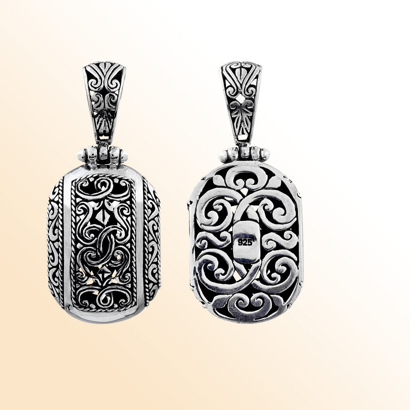 Handcrafted sterling silver fancy oval pendant with Bali scrollwork design, artisan necklace.