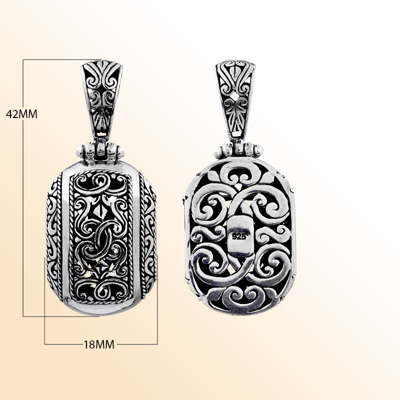 Handcrafted sterling silver fancy oval pendant with Bali scrollwork design, artisan necklace.