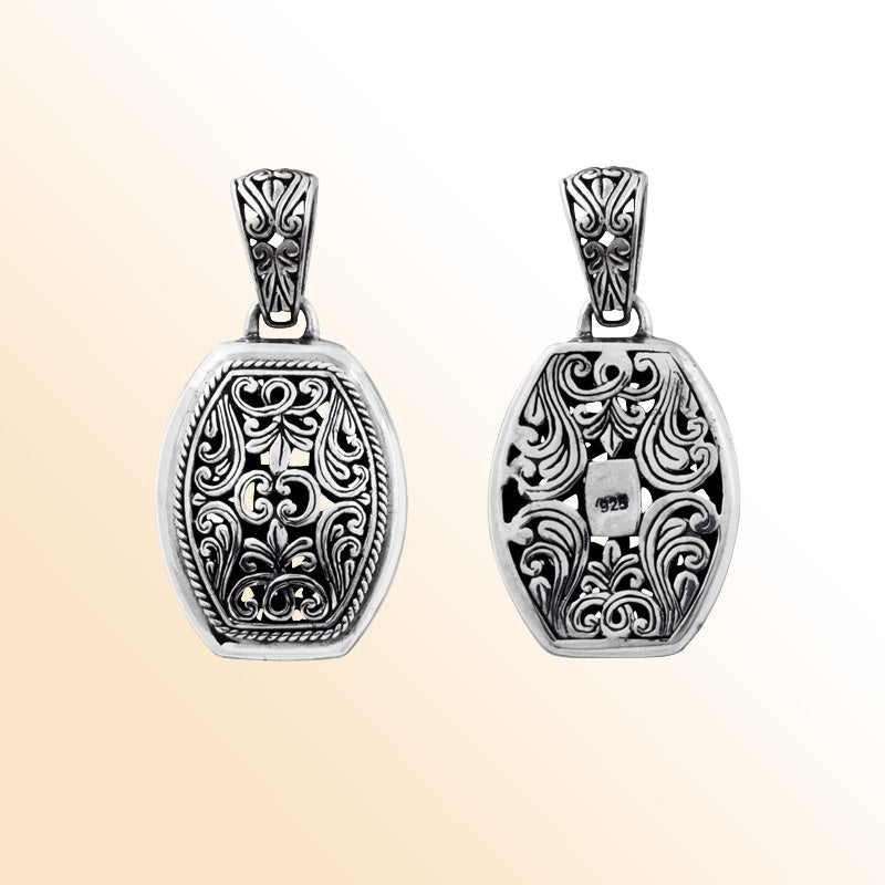 Handcrafted sterling silver barrel pendant with Bali scrollwork, artisan necklace.