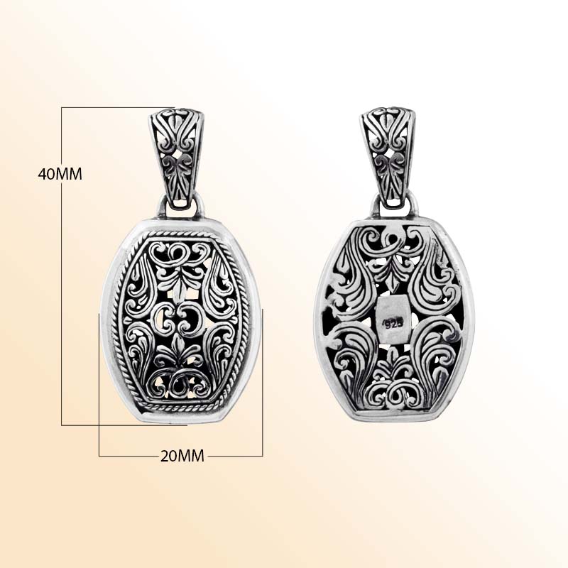Handcrafted sterling silver barrel pendant with Bali scrollwork, artisan necklace.