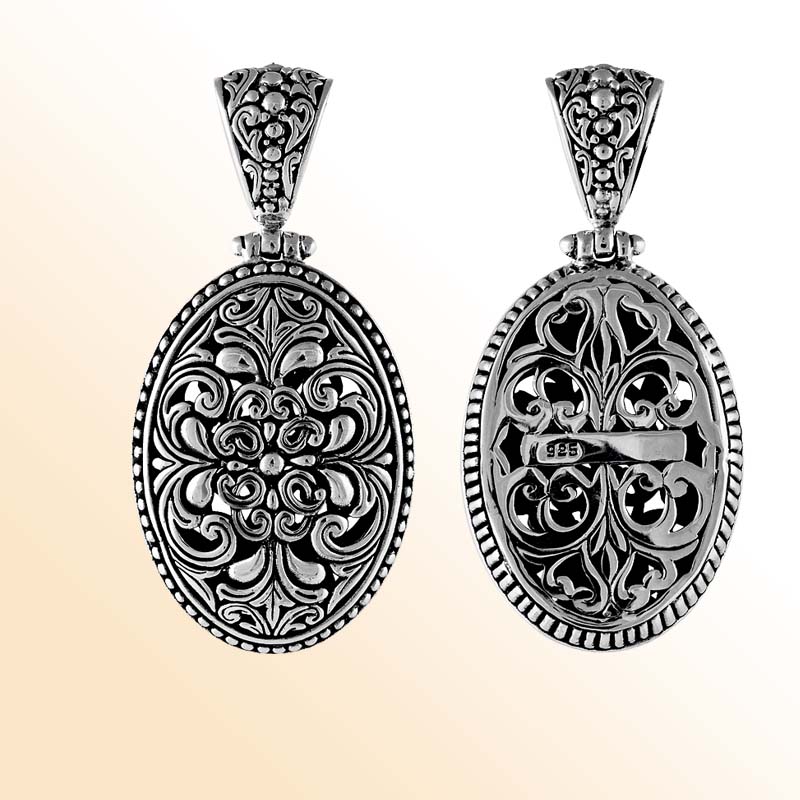 Handcrafted sterling silver oval floral pendant with Balinese scrollwork, artisan necklace.