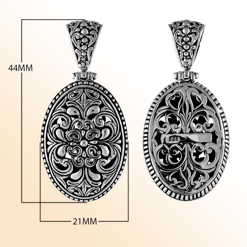 Handcrafted sterling silver oval floral pendant with Balinese scrollwork, artisan necklace.