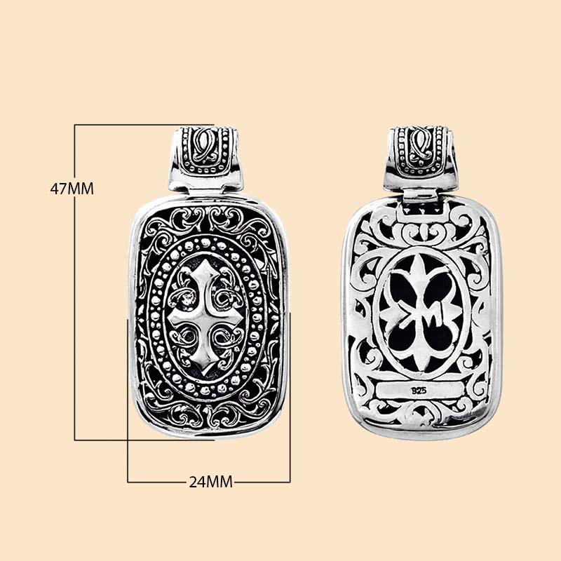 Handcrafted sterling silver Bali pendant with cross and floral carving – unisex jewelry