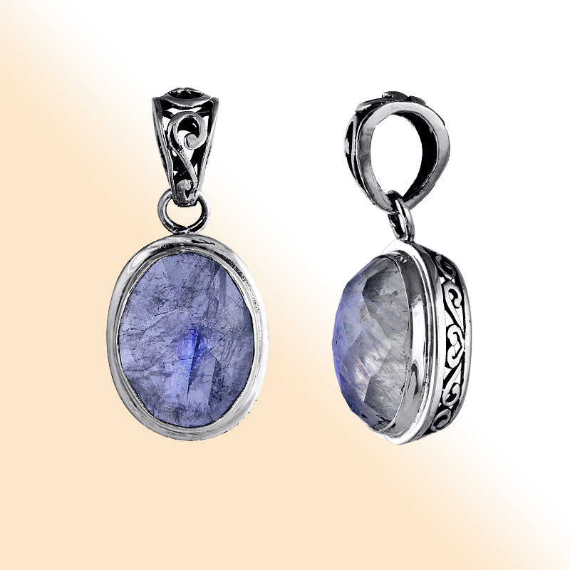 Handcrafted sterling silver rainbow moonstone oval pendant with Balinese carvings