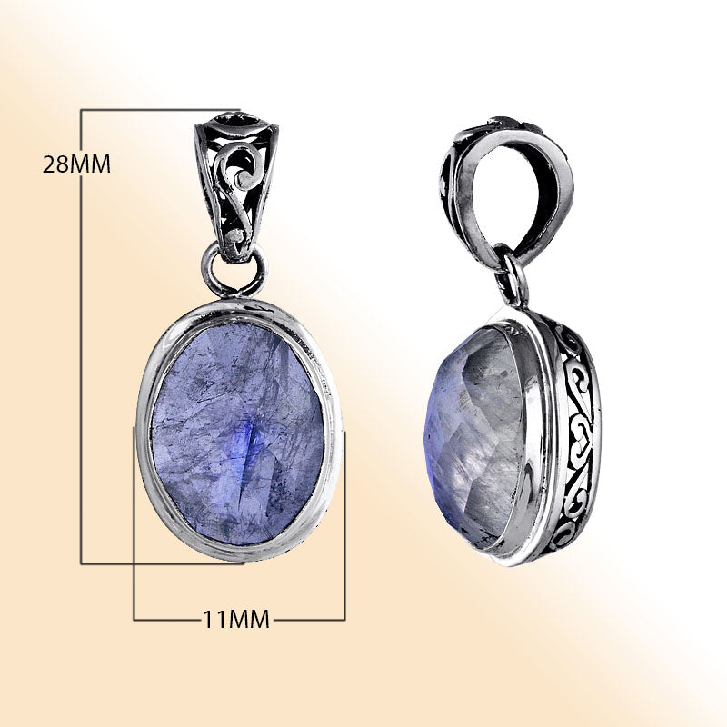 Handcrafted sterling silver rainbow moonstone oval pendant with Balinese carvings