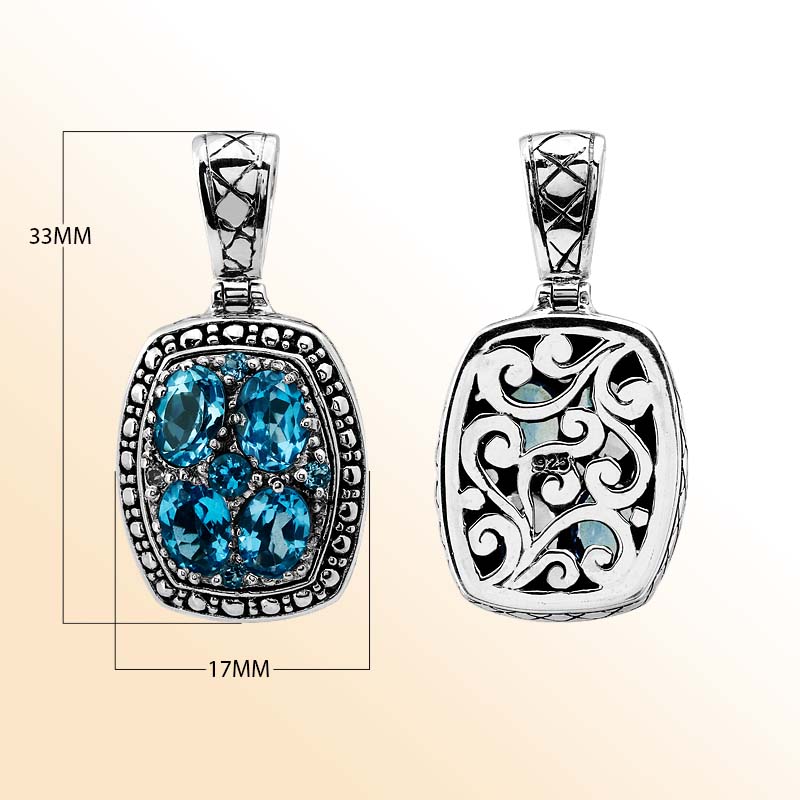 Handmade sterling silver pendant with Blue Topaz Quartz cluster and filigree swirl back design, artisan Bali jewelry.