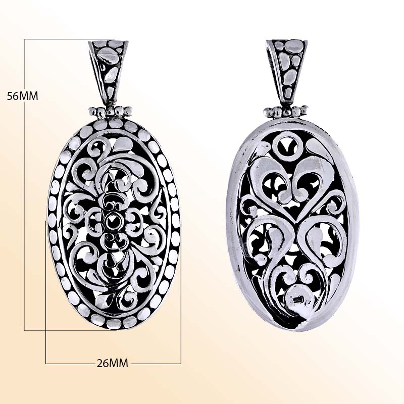 Handmade sterling silver oval filigree pendant with dotted border, artisan Bali jewelry design.