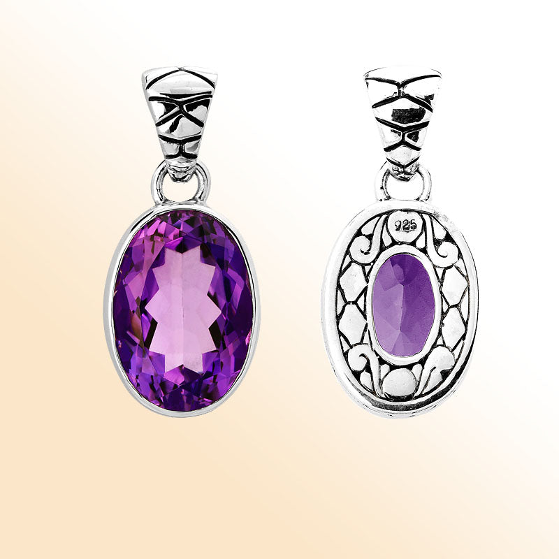 Handmade sterling silver pendant with oval-cut amethyst quartz and artisan scroll back design, Bali jewelry.