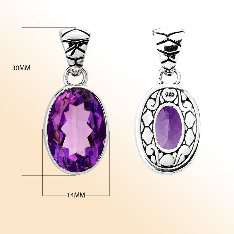 Handmade sterling silver pendant with oval-cut amethyst quartz and artisan scroll back design, Bali jewelry.