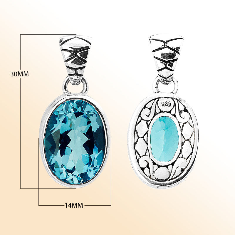 Handmade sterling silver pendant with oval-cut  Blue Topaz Quartz and artisan scroll design, Bali jewelry.