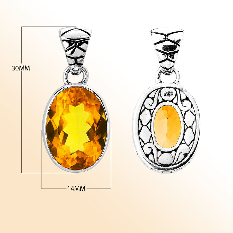 Handmade sterling silver pendant with oval-cut Citrine Quartz and artisan scroll back, Bali Quartz jewelry.