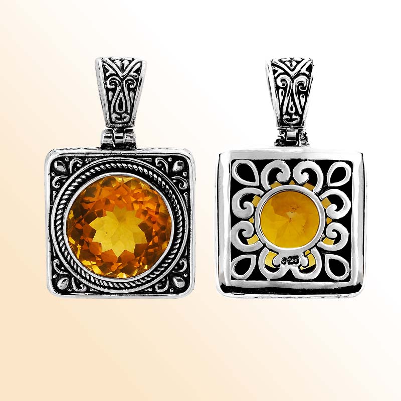 Handmade sterling silver square pendant with round-cut Citrine Quartz and artisan scroll back, Bali jewelry.
