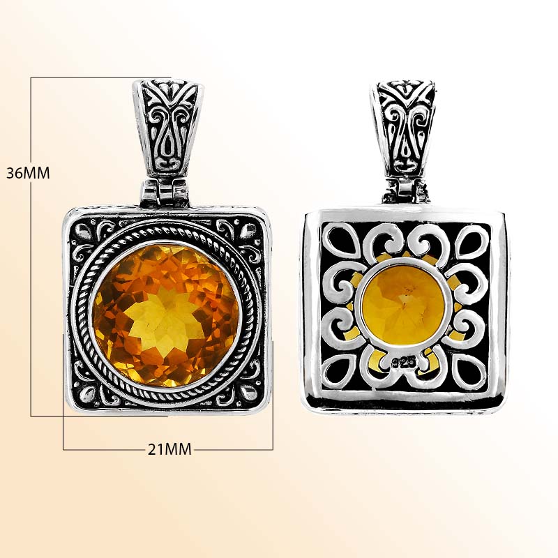 Handmade sterling silver square pendant with round-cut Citrine Quartz and artisan scroll back, Bali jewelry.