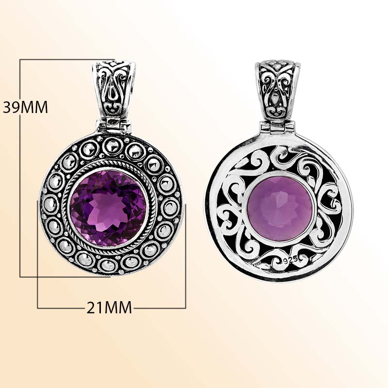 Artisan sterling silver pendant with round faceted Amethyst Quartz and ornate Bali-style filigree design.