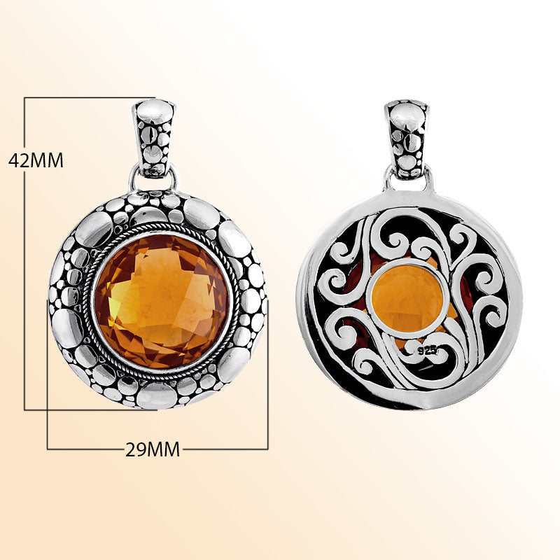 Artisan sterling silver Citrine Quartz pendant with hammered border and intricate filigree swirl design.