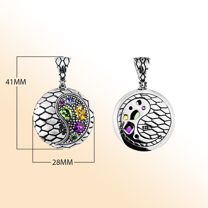 Yin Yang sterling silver pendant with peridot, citrine, blue topaz, and amethyst quartz in artisan design.