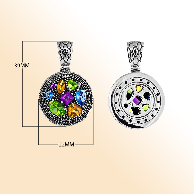 Yin Yang sterling silver pendant with peridot, citrine, blue topaz, and amethyst quartz in artisan design.