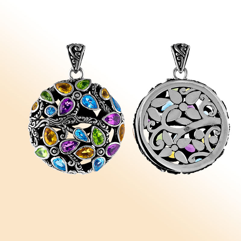 Artisan sterling silver floral pendant with peridot, citrine, blue topaz, and amethyst quartz.