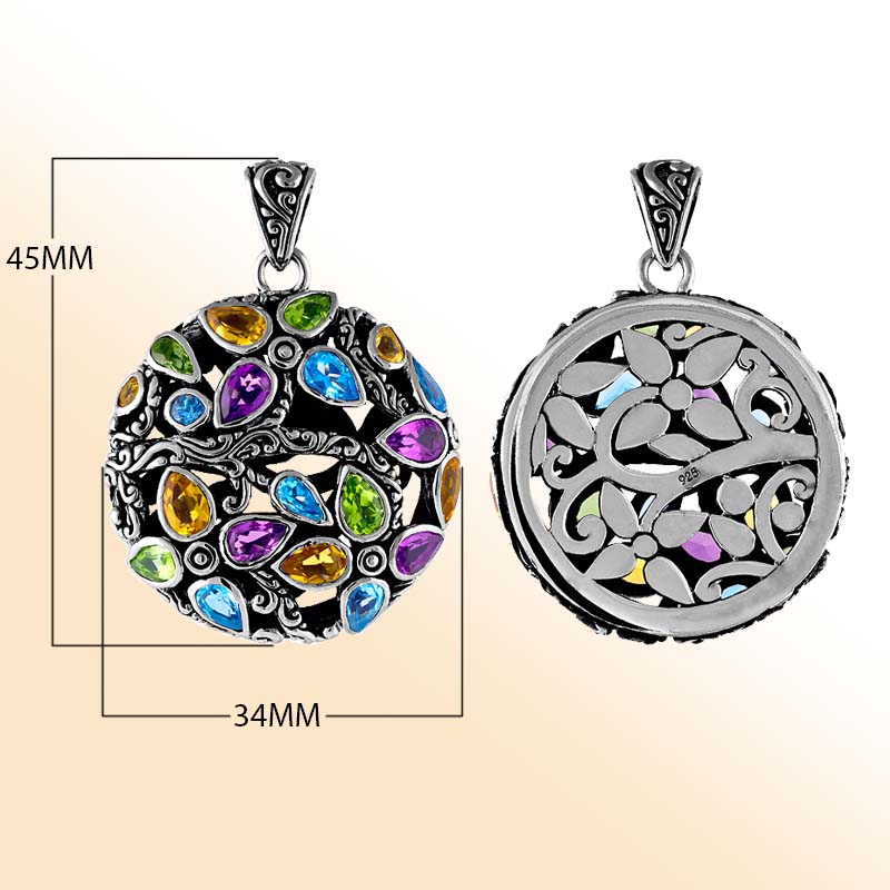 Artisan sterling silver floral pendant with peridot, citrine, blue topaz, and amethyst quartz.