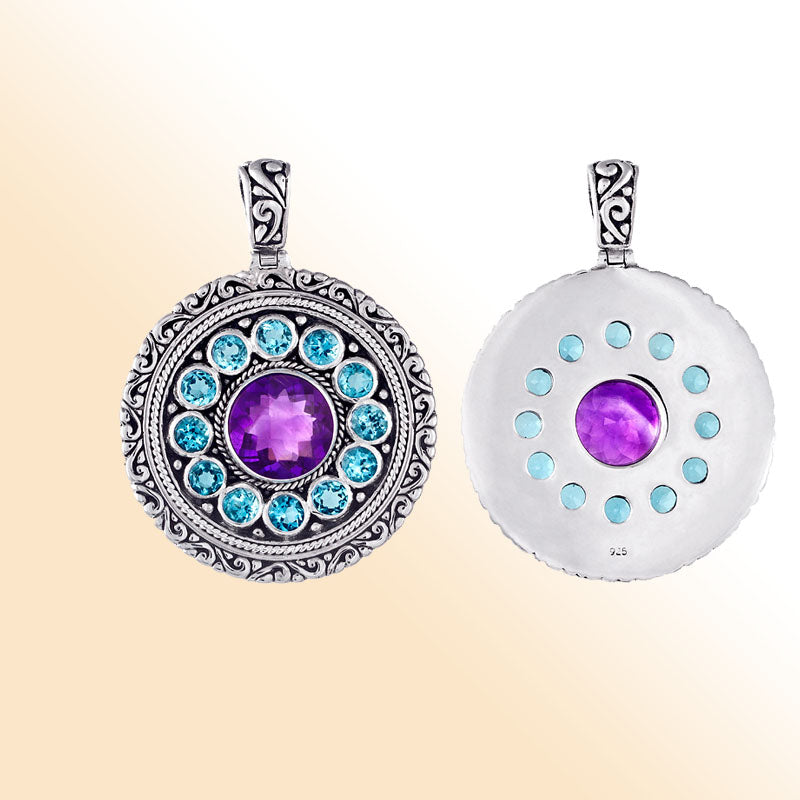 Elegant sterling silver round pendant with amethyst quartz center and blue topaz quartz accents