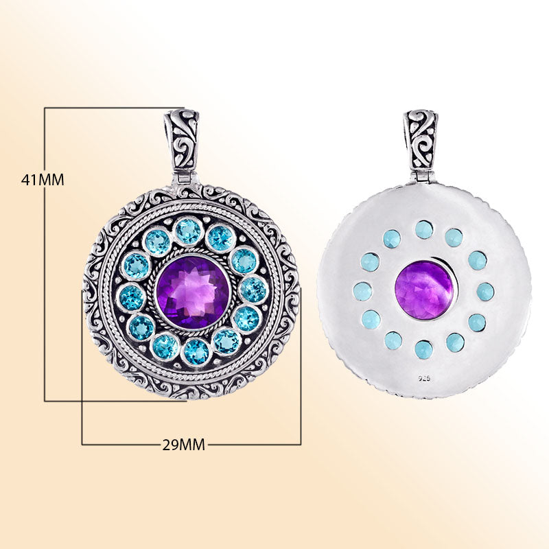 Elegant sterling silver round pendant with amethyst quartz center and blue topaz quartz accents