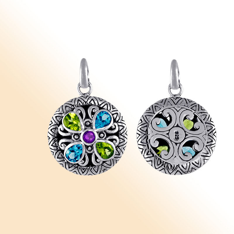 Elegant sterling silver round pendant with amethyst quartz center and peridot & blue topaz quartz accents