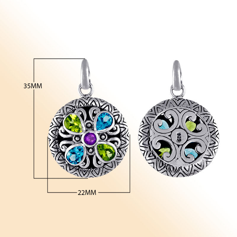 Elegant sterling silver round pendant with amethyst quartz center and peridot & blue topaz quartz accents