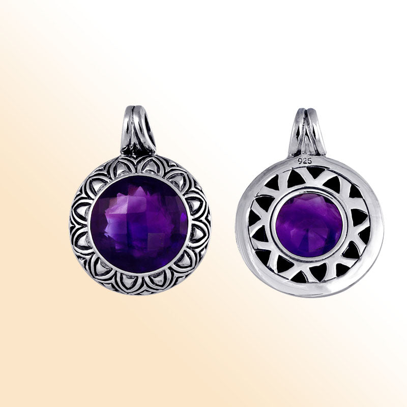 Handmade Bali sterling silver pendant with faceted amethyst quartz and floral sunray design