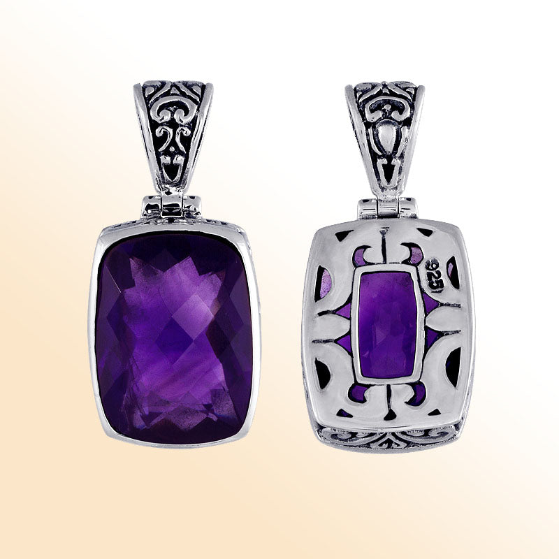 Handmade Bali silver rectangular pendant with faceted amethyst quartz and cutwork detailing