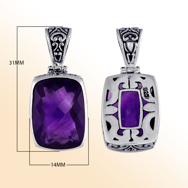 Handmade Bali silver rectangular pendant with faceted amethyst quartz and cutwork detailing