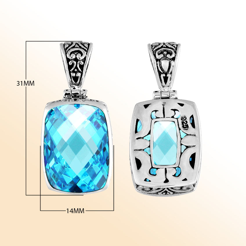 Handmade Bali silver rectangular pendant with faceted blue topaz quartz and cutwork detailing